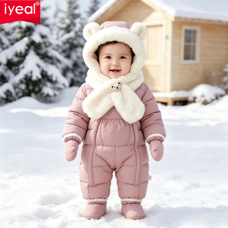 IYEAL Baby Winter Snowsuit Cute Bear Ear Hooded Jumpsuit Fleece Lined Thick Padded Romper with Scarf Toddler Warm Jumpsuit