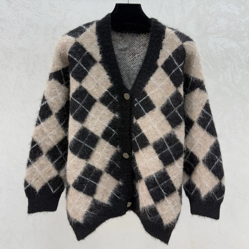 

Высококачественный женский кардиган с ромбовидным узором, однобортный свитер с v-образным вырезом и вышитым логотипом, трикотаж 25122221