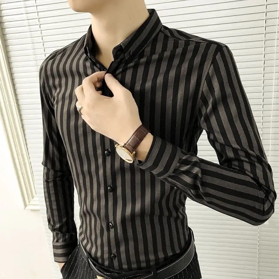 Men's Long Sleeve Fleece Lined Shirt Slim Fit Casual Korean Style Striped Thermal Shirt Handsome Leisure Shirt Autumn Spring