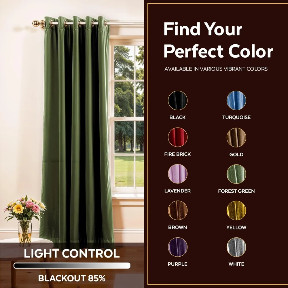 Handgefertigte olivgrüne Samtvorhänge, linierte Vorhänge mit Ringplatte für Fenster und Tür, 43" B x 84" L, Vintage-Vorhänge für Schönheit und S