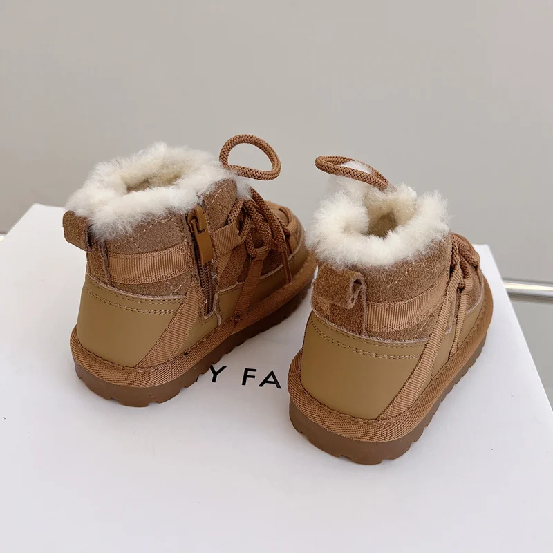 2024 New Winter Children Snow Boots Genuine Leather Warm Plush Toddler Boys Shoes Non-slip Fashion Baby Girls Boots 1-6 Years