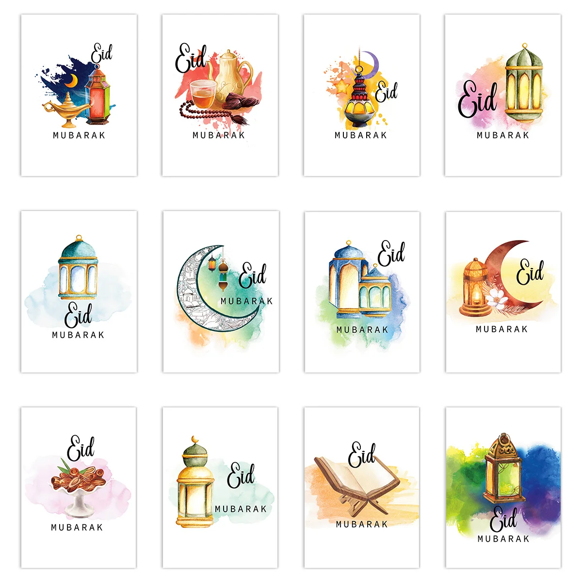 12/24 adet Eid Mubarak Hediye Kartı Ramazan Parti Kartpostal Tebrik Kartı İslam Müslüman Parti Davetiye Ramazan Kareem Malzemeleri