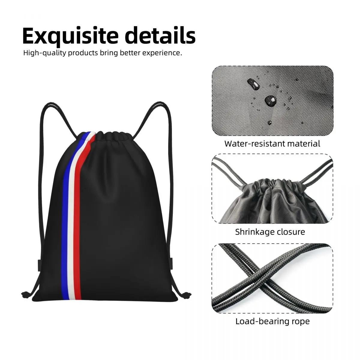 Mochila com cordão para esportes, listras da bandeira francesa, bolsa de ginástica para homens e mulheres, mochila de treinamento patriótico