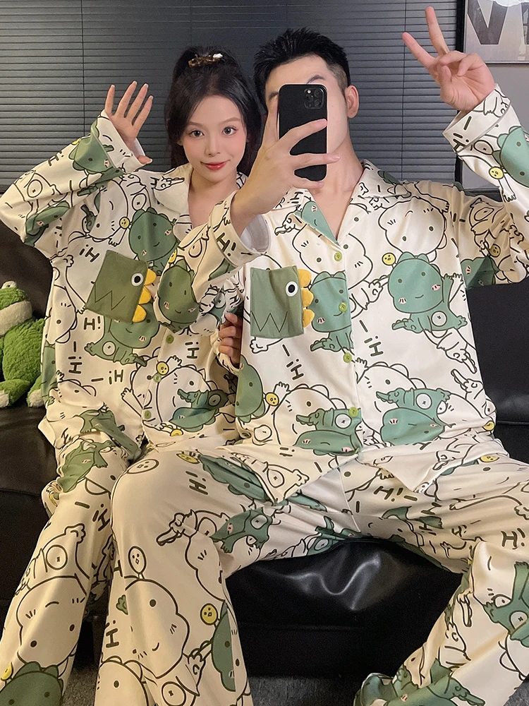 

DAIMELU couple pajamas women's spring and autumn sleepwear set small dinosaur long-sleeved thickened loungewear men's nightwear