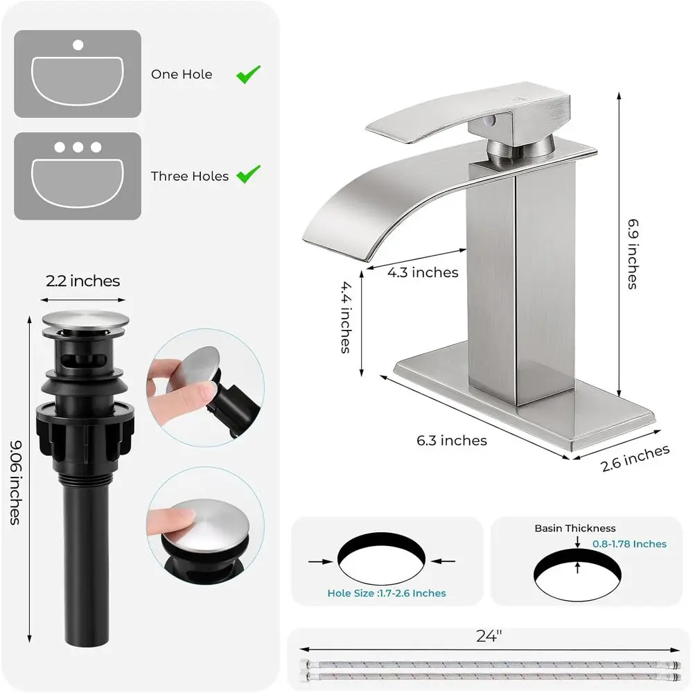 صنابير نيكل مصقولة مزدوجة، خلاط حوض شلال حديث بمقبض واحد، صنبور فانيتي RV مع استنزاف منبثق #5