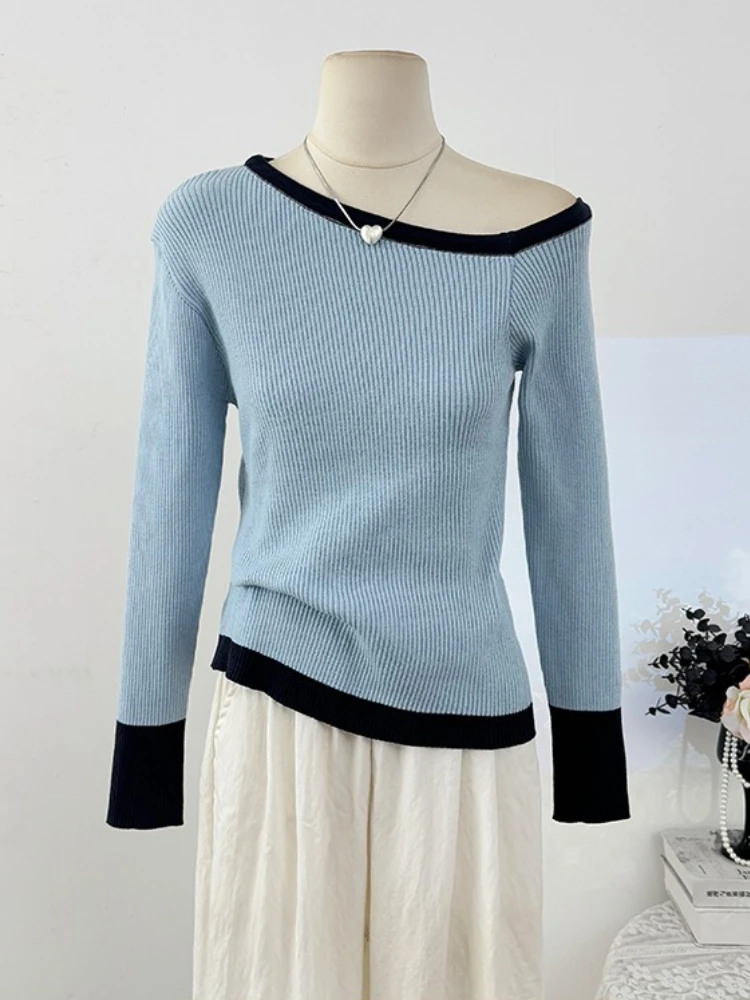 เสื้อแฟชั่นลำลองผู้หญิง ฤดูใบไม้ร่วง แบบเปิดไหล่ข้างเดียว ตัดสีแบบไม่สมมาตร เสื้อถักแขนยาว ทรงเข้ารูป สไตล์เรโทรเก๋ไก๋