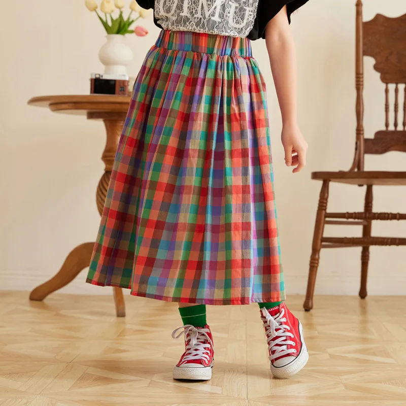 Spring Summer Teenager Kids Skirt Cotton Rainbow Plaid Skirt for Girls Casual Daily Simple Versatile Long Skirt 6 8 10 12 Years