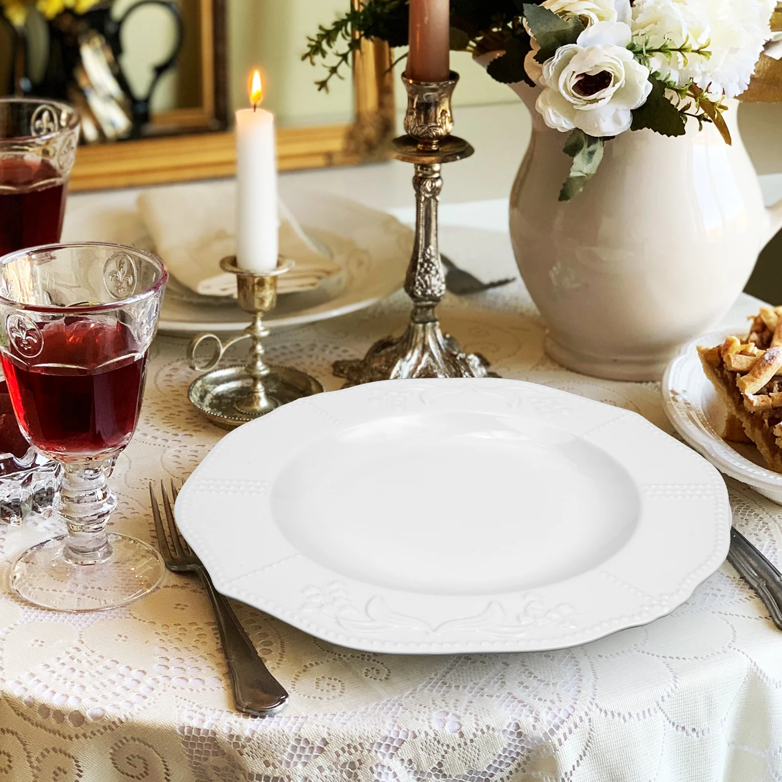 

Porcelain Dinner Plate with Embossed Edge Design Heavy Duty Food Serving Tray for Home Restaurant Hotel Use Cake Bbq Salad