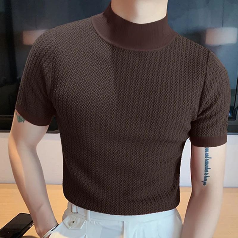 Men's slim fit short sleeved T-shirt, tight fitting casual high necked knitted sweater, elastic slim fit short sleeved shirt top