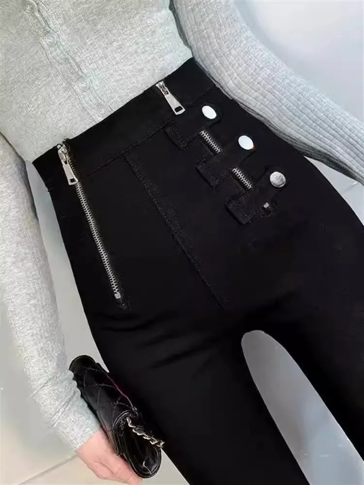 Female Casual Gothic Pants Fall/Winter Double Zipper High Waist Black Pencil Pant Women Thicken Warm Stretch Streetwear Trousers