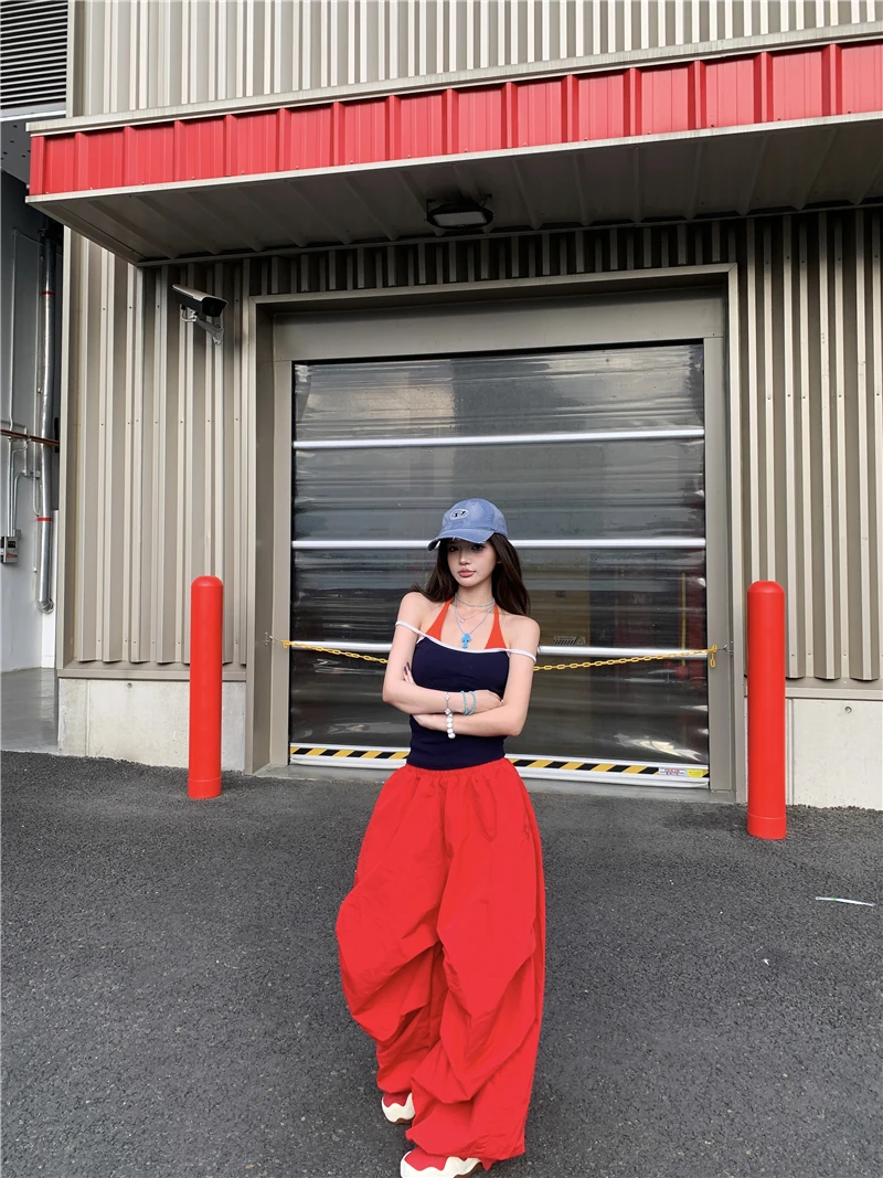 Y2K 레드 카고 바지 여성 하라주쿠 헐렁한 스웨트 팬츠 streetwear 와이드 레그 조깅 갸루 한국 캐주얼 바지 Paratrooper Workwea