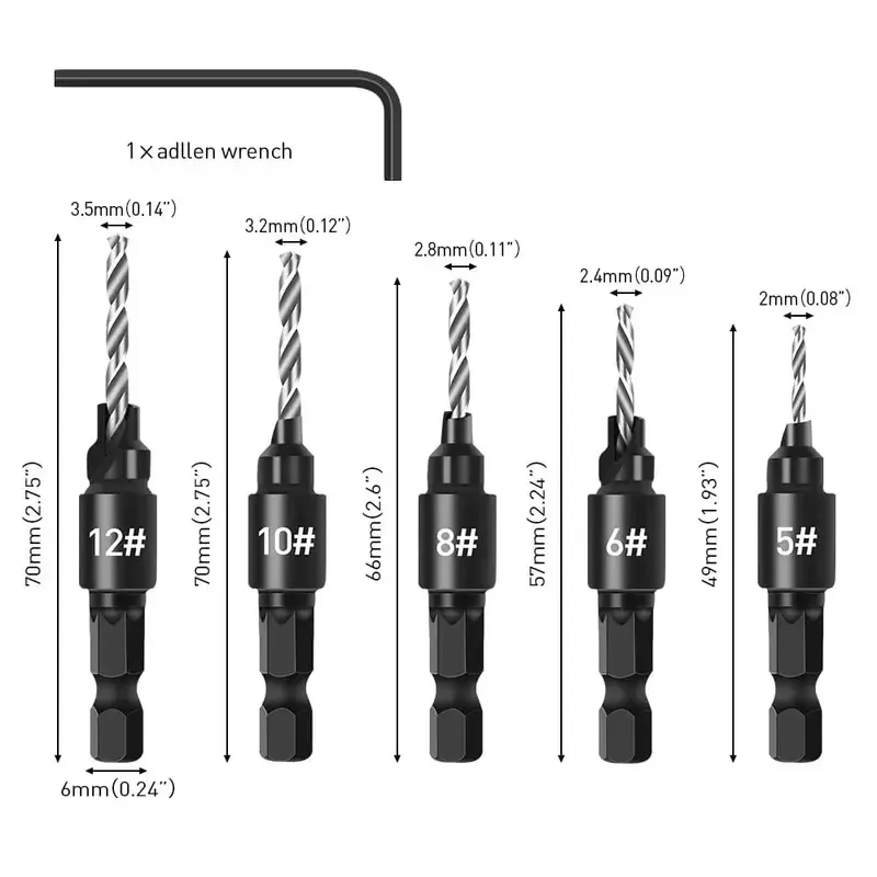 Set di punte da trapano per svasatore per la lavorazione del legno da 5 pezzi, con gambo esagonale da 1/4" per la lavorazione del legno fai-da-te con una chiave a L # 5 # 6 # 8 # 10 # 12