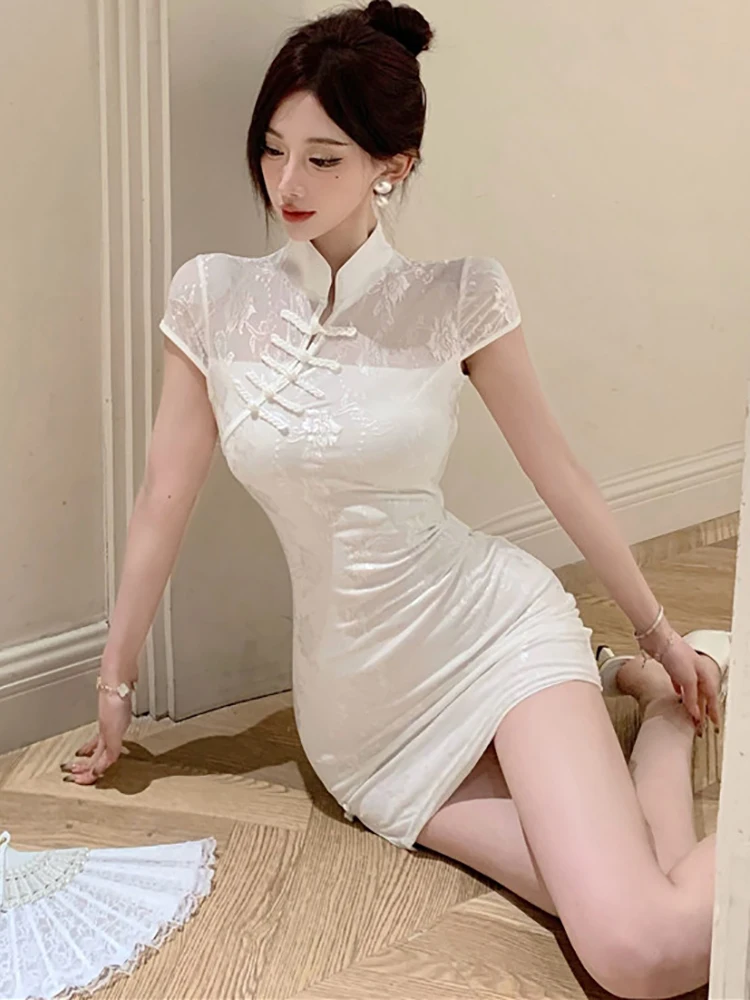 Summer White Jacquard Elegant Lace Sexy Mini Dress Women Short Sleeve Bodycon Hip Warp Dress 2024 Korean Vintage Festival Dress