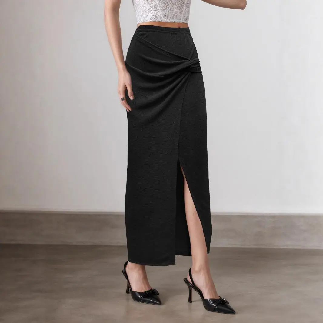 Sexy Fashion Twisted Knot Split Skirt 2025 New Cross-Border Midi Skirt in Polyester Batwing Shape mid Waist European Style