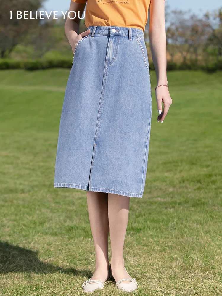 I BELIEVE YOU Skirts For Woman Fashion Spring 2023 CalfLength Denim Blue Split Slim Pearl A-line Jean Female Skirt 2231024936