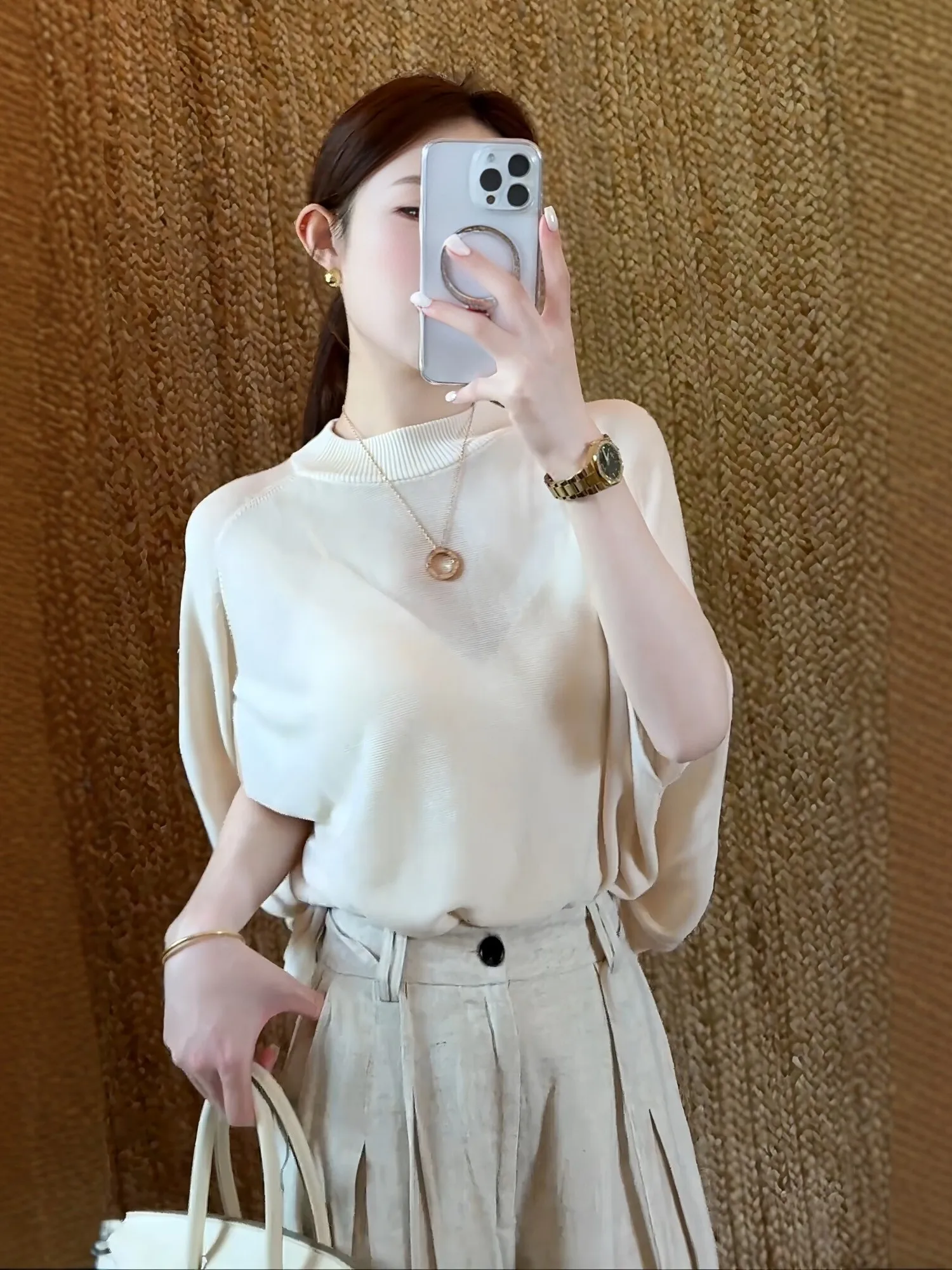 Elegant Light Maturity Style Half High Collar Cloak Knitted Sweater Women Spring Summer New Retro Loose Slimming Versatile Top