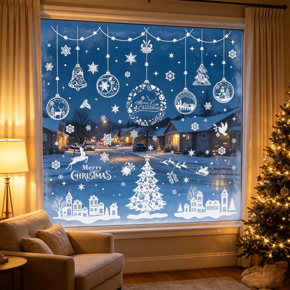 Christmas Removable Self-Adhesive Window Wall Stickers Set, Holiday Home Decor Decals for Living Room Bedroom Porch Entryway