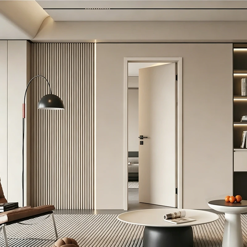 #Cream White Thin Frame Solid Wood Interior Door Minimalist Soundproof Flat Bedroom Door Custom for Modern Home