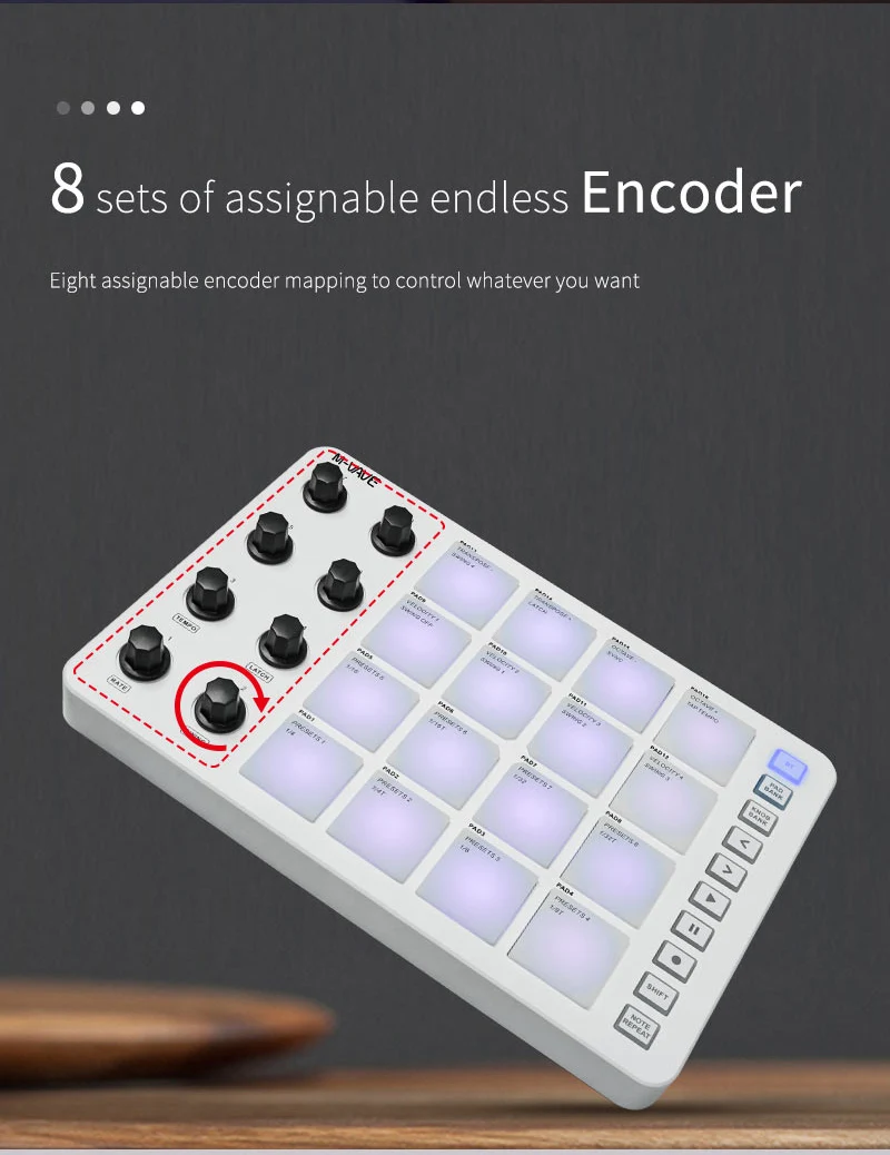 M-VAVE SMC-PAD 16-Tasten RGB Hintergrundbeleuchteter MIDI-Pad-Controller mit 8 Drehreglern – Detail 4