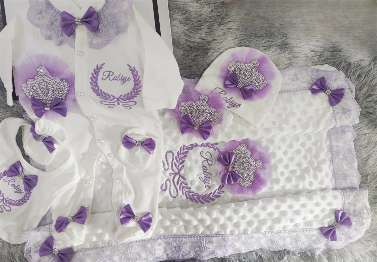 

5PCS Exquisite Baby White Purple Tulle Rhinestone Crown Custom Embroidered Footed Romper Set Newborn Keepsake