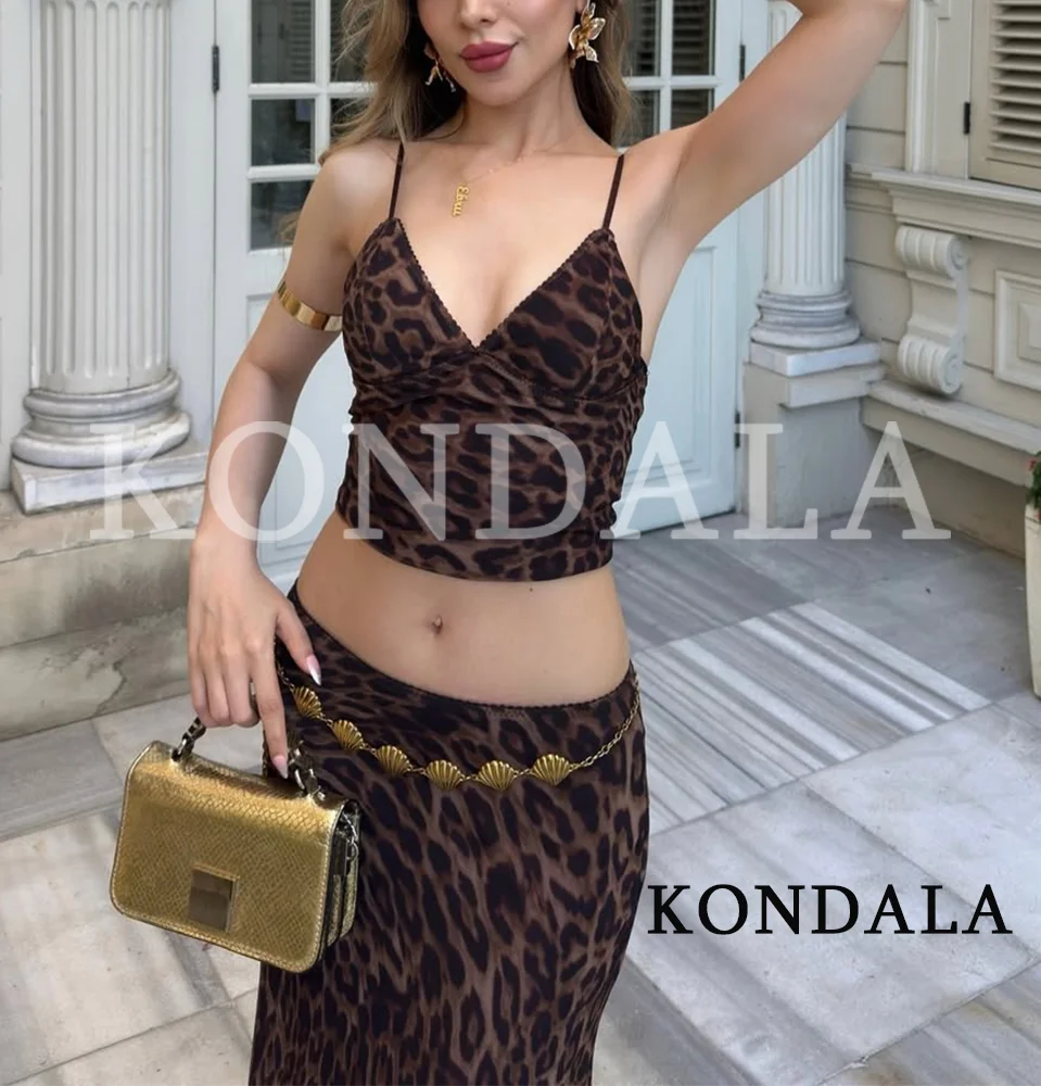 KONDALA Women Sexy Leopard Mesh Tulle Skirt Set 2026 Summer Trendy High Street Holiday Chic Set Female Y2K Camisole , Midi Skirt view 4