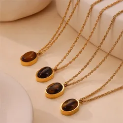 Natural Tiger Eye Stone Pendant Necklace For Women Stainless Steel 18K Gold Plated Waterproof Women's Neck Chains Necklaces