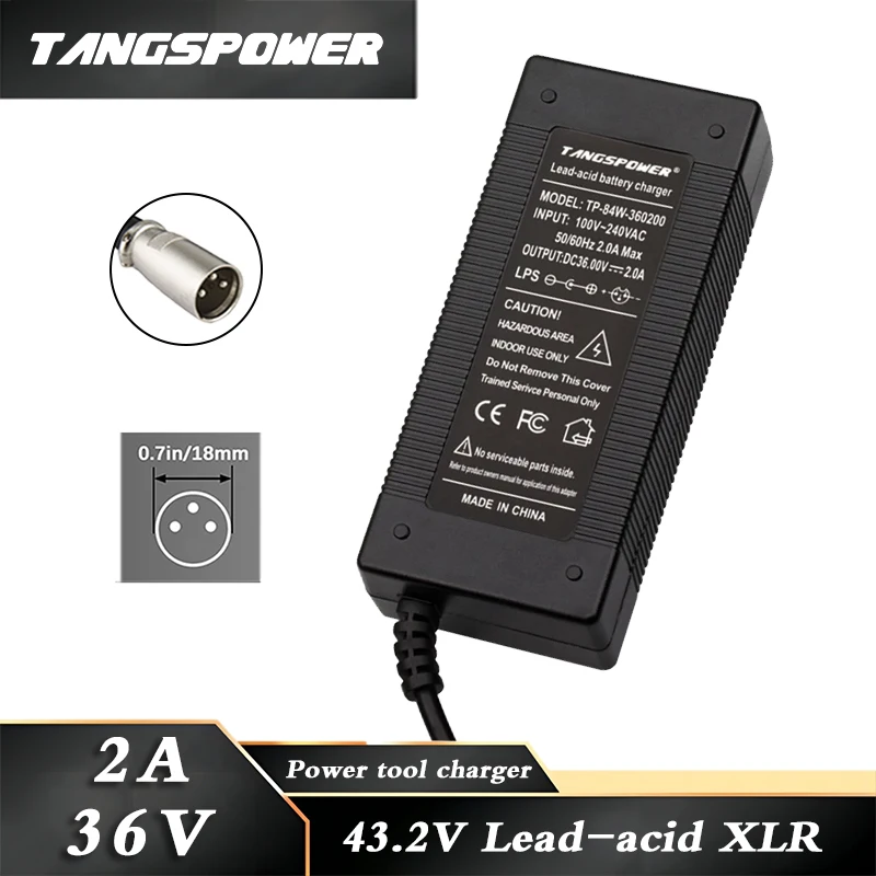 

36V 2A Lead-acid Battery Charger For 43.2V Plumbic Acid Battery Pack Fast Charging 3-Pin XLR Connectors Power Tool Charger