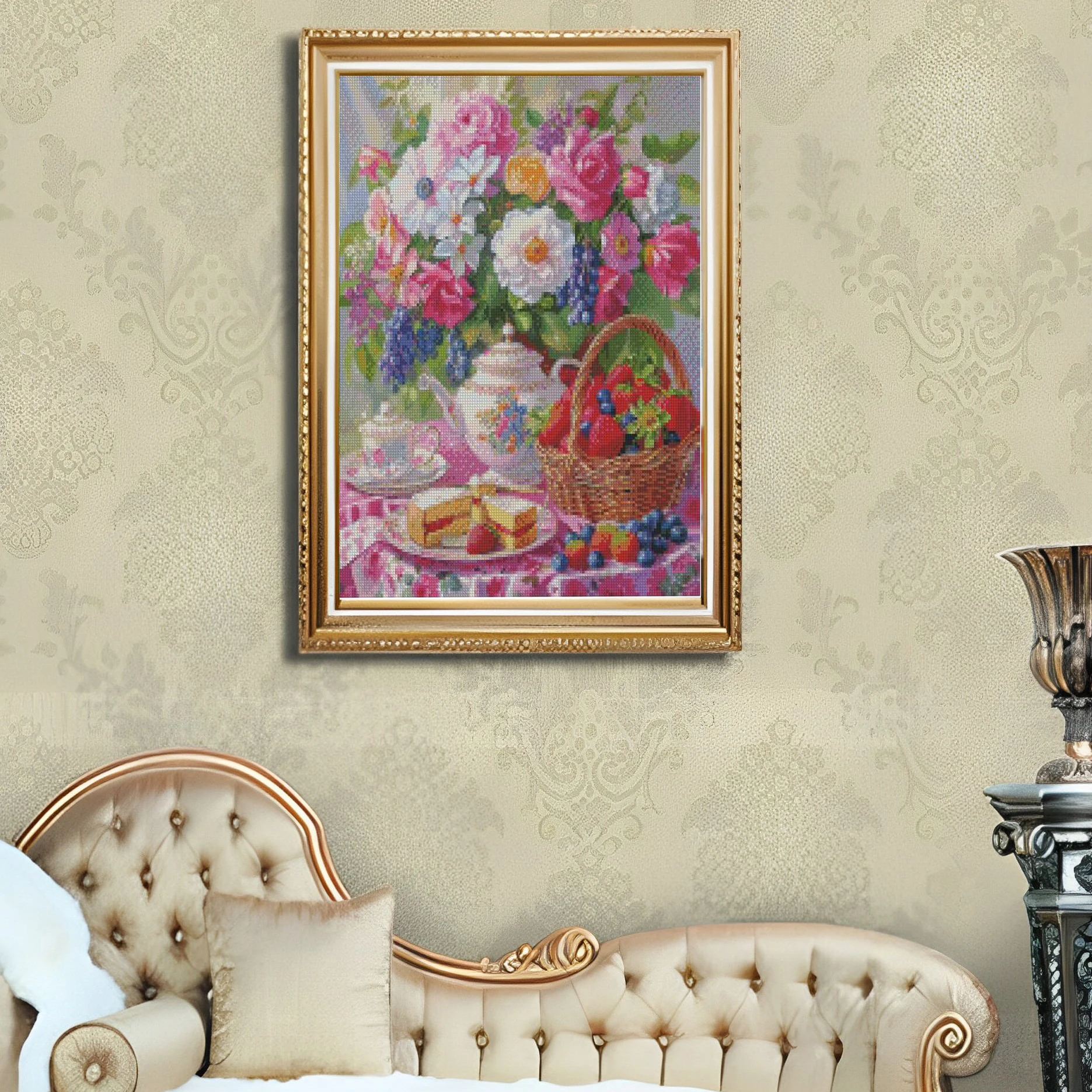 Cross Stitch Embroidery Kit Afternoon Tea Snacks Flower Thread Drawing DIY Needlework Kit Quantity Printed on Canvas11CT