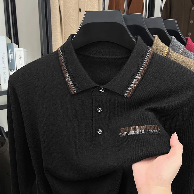 High Quality Brand knitted long sleeve polo shirt men's luxury wool comfort new fashion embossed autumn striped lapel sweater