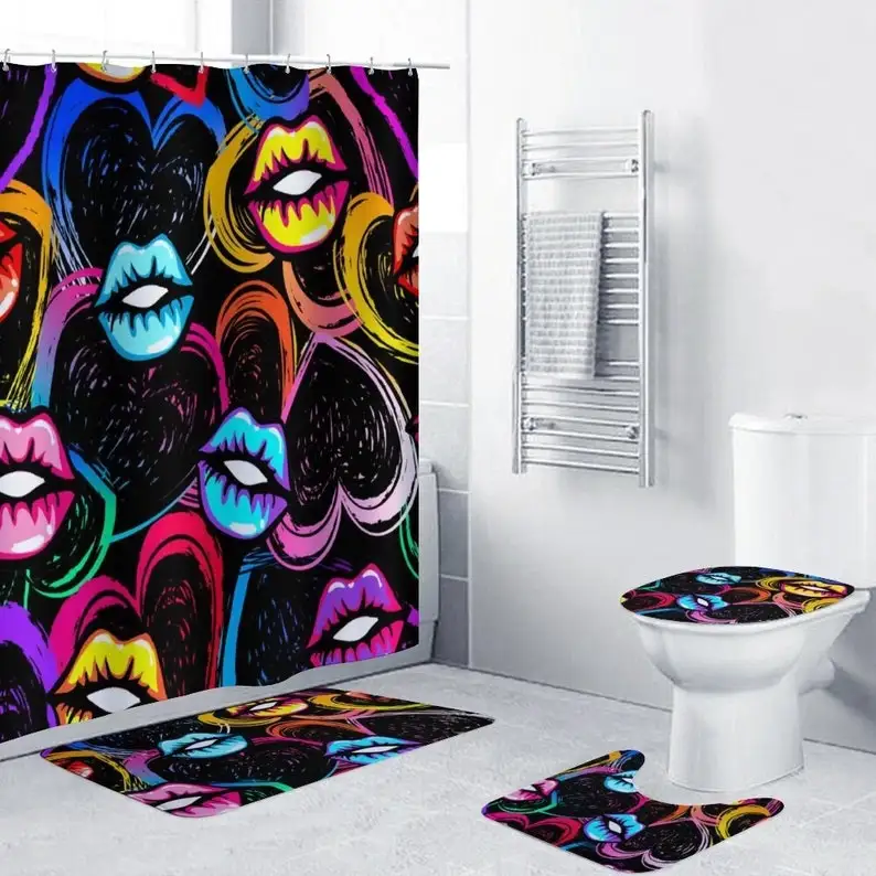 

Набор из 4 предметов для ванной комнаты с градиентными губами, набор занавесок для душа, напольный коврик + коврик для унитаза + U-образный коврик, декор для ванной комнаты, декоративные подарки