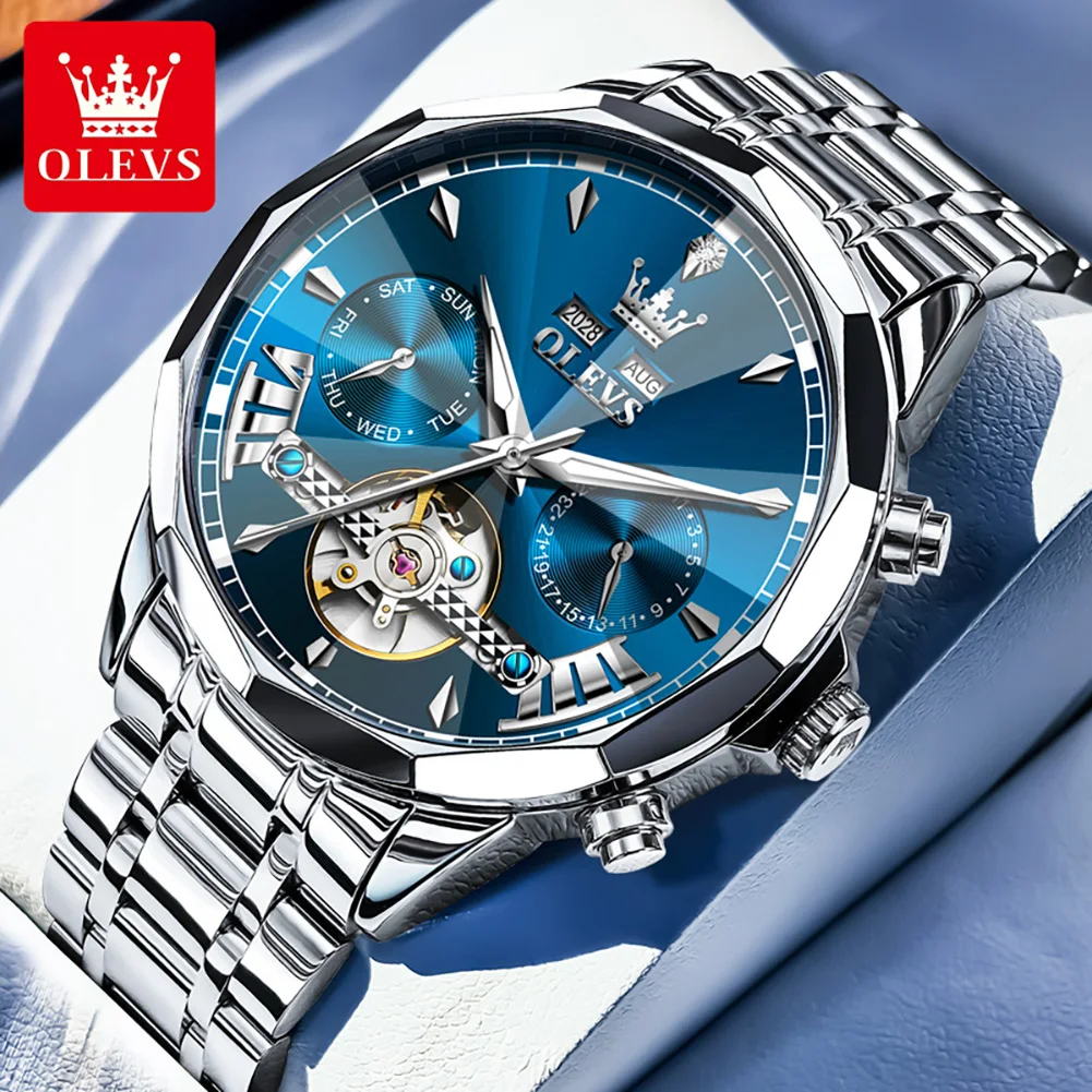 

OLEVS Skeleton Men's Watches Date Prism Mirror Automatic Mechanical Watch for Man Waterproof Butterfly Buckle Brand Wristwatch