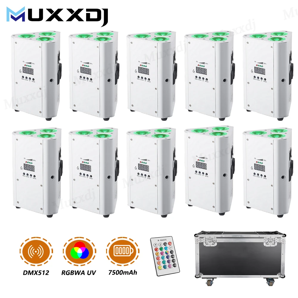 

MUXXDJ 10pcs with case wedge uplighting wireless uplights 3x18w 6in1 rgbwa+uv battery operated mini led uplight for Wedding DJ E