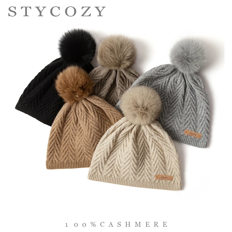 100%Cashmere Women Chevron Cable Beanie Hat Elastic Ribbed Hem Large Pom-pom Winter Skull Cap Soft Cozy Casual Lady Headwear