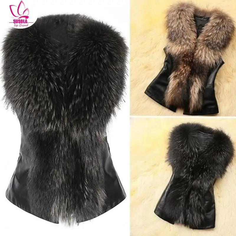 

SUSOLA Women Leather Faux Fur Coat Lady Winter Jacket Coat Women Casual Sleeveless Faux Fox Fur Collar Vest Winter