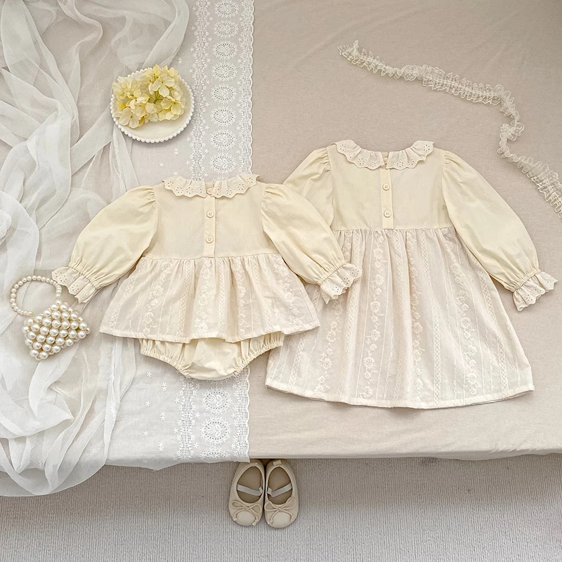 Baby-Mädchen-Strampler im Vintage-Stil mit Spitze, Rüschenkragen, langen Ärmeln, Baumwollrock mit Stickerei, Body, Neugeborenen- und Säuglings-Prinzessinnen-Outfit, 0–24 Monate. – Detail 18
