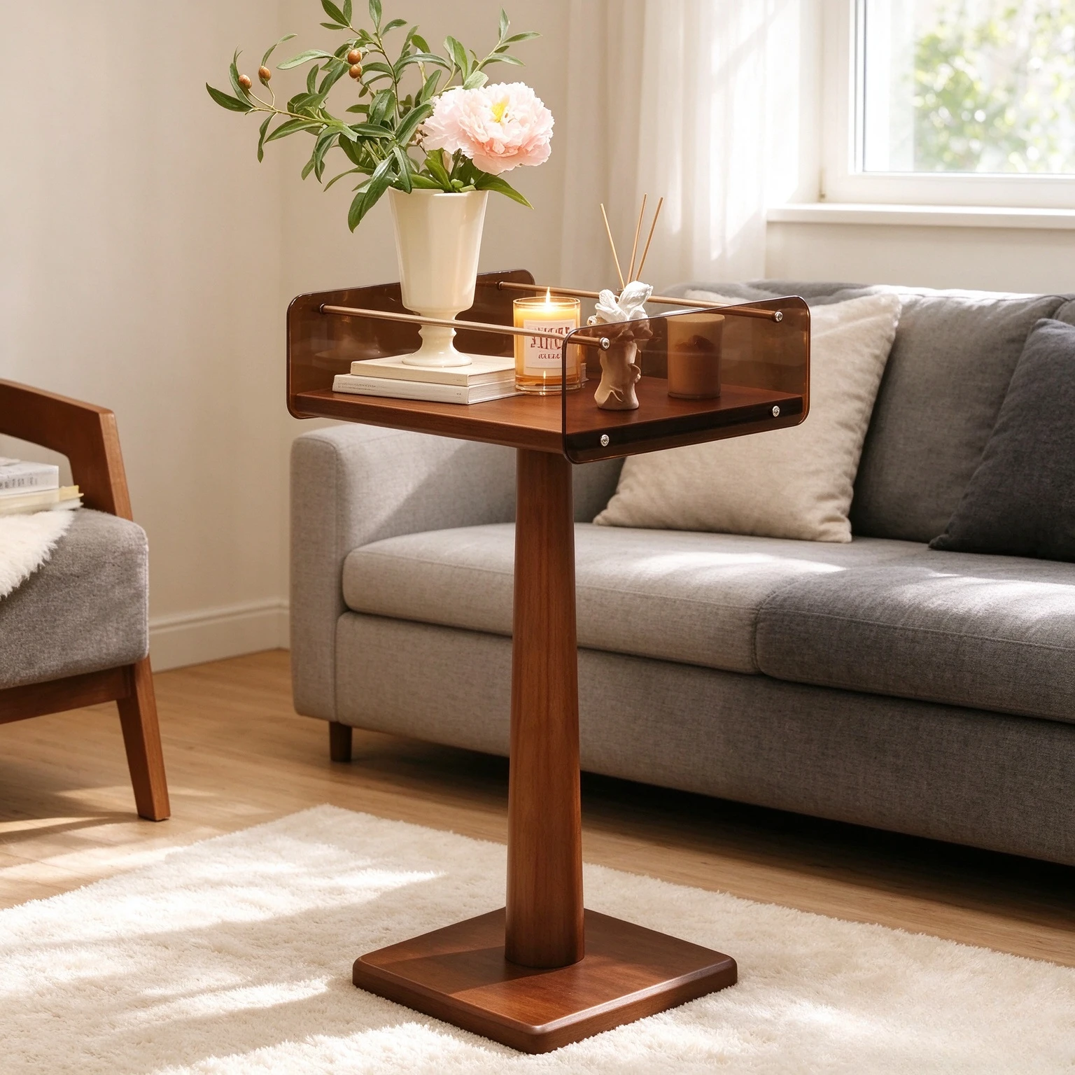 Walnut Finish Speaker Stand, Mobile Floor End Table with Storage for Living Room Sofa, Bedroom and Compact Home Audio Setup