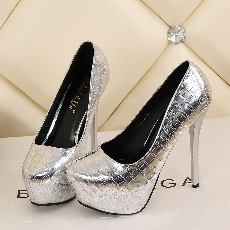 2024 High Heels Platform Party Women Shoes Black Silver Metal Embossed Plaid Leather Sexy Stiletto Pointy Toe Dress Female Pumps