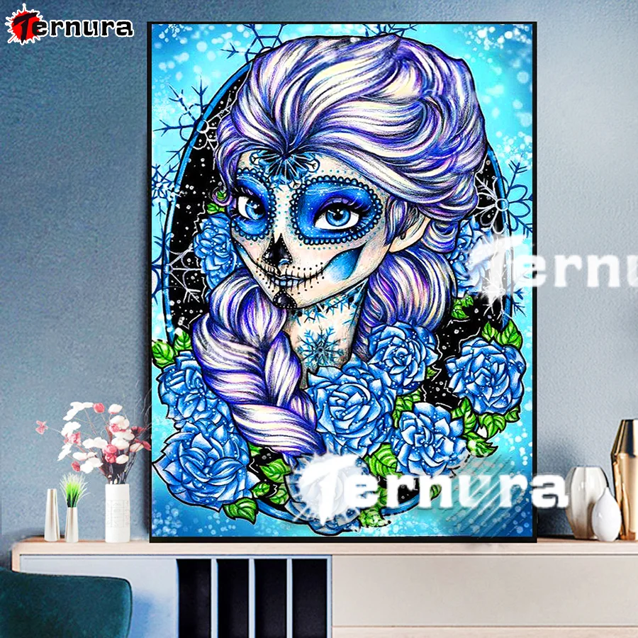 Cartoon fairy girl Diamond Painting Sugar Skull Girl Blue Flower Snow DIY 5D Diamond Embroidery Cross stitch Rhinestones Mosaic