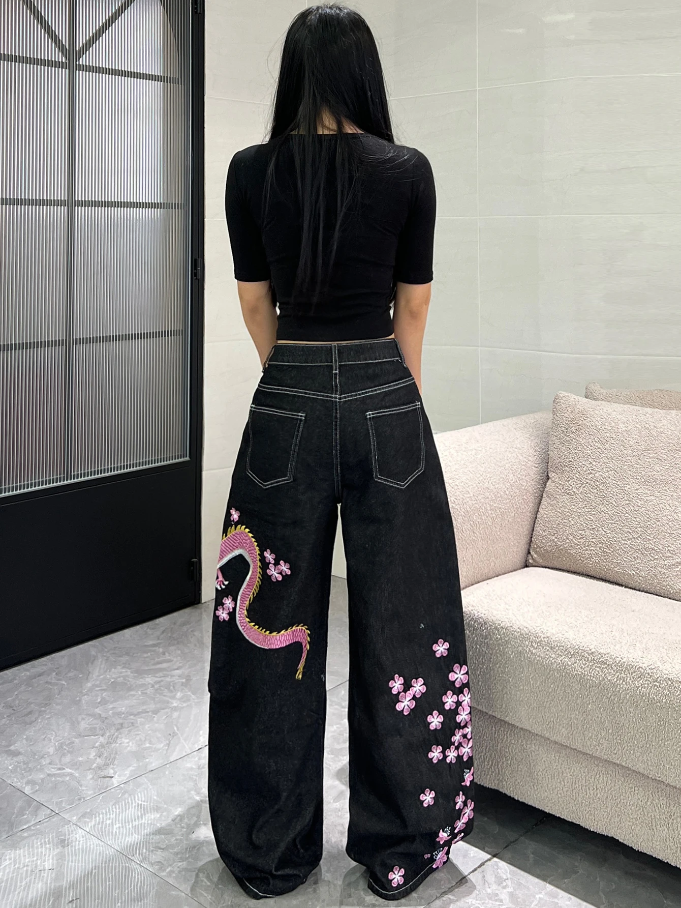 European And American Spice Girls New Chinese China-Chic Style Wide Leg Jeans Dragon Sakura Embroidery Denim Pants