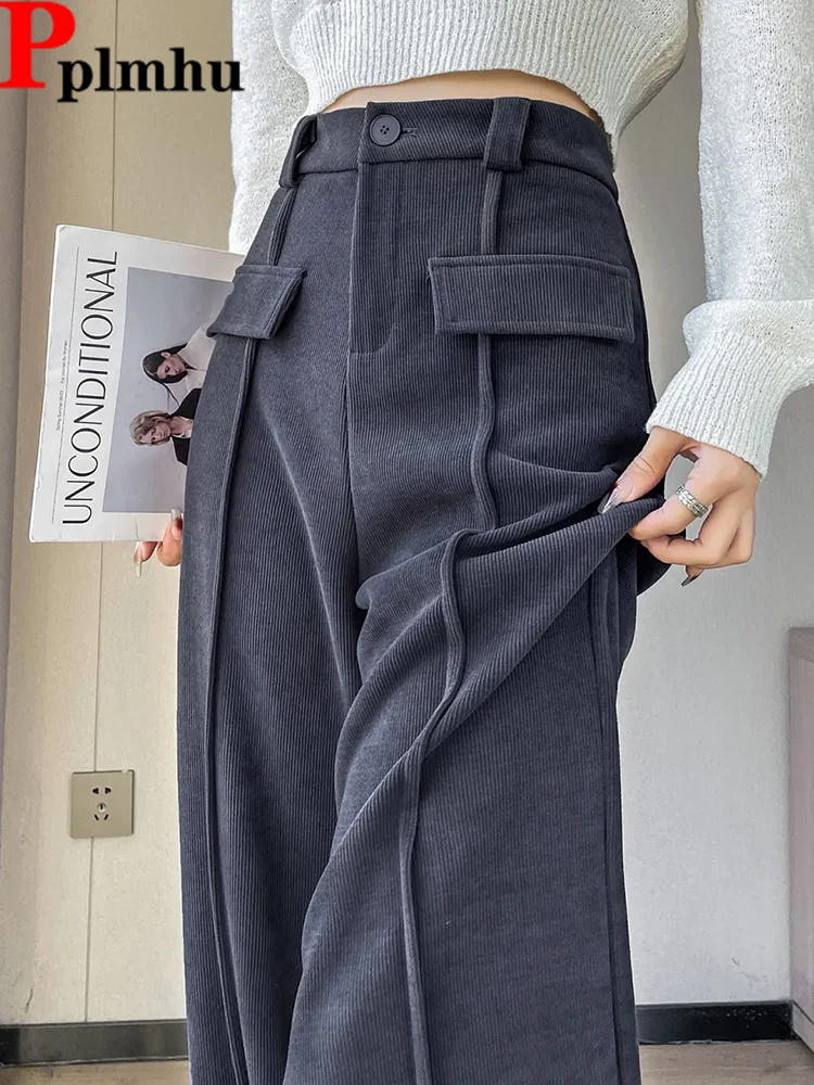 

Осенне-зимние плотные мешковатые прямые брюки, женские повседневные широкие брюки с высокой талией, модные однотонные свободные брюки в Корейском стиле