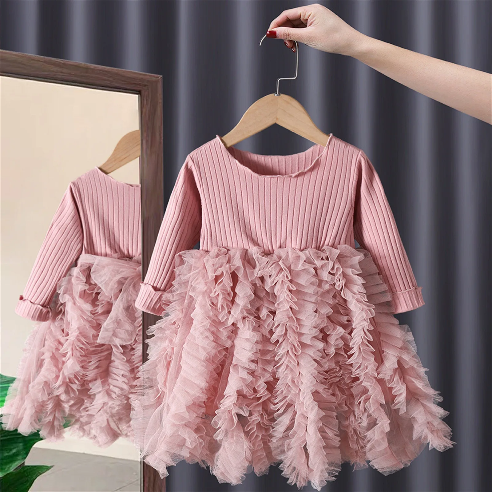 

Plaid for Girls Toddler Kids Baby Girl Long Sleeve Tutu Dress Tulle Knitted Ruffles Wedding Party Dresses Trim Fit Tights Girls