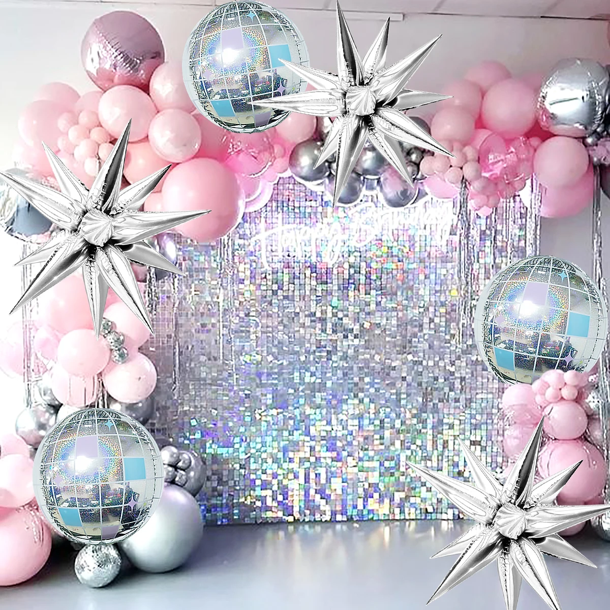 1/5pcs rainbow disco ball and silver exploding star balloons, stylish for birthday party, disco theme, bachelorette party, bar