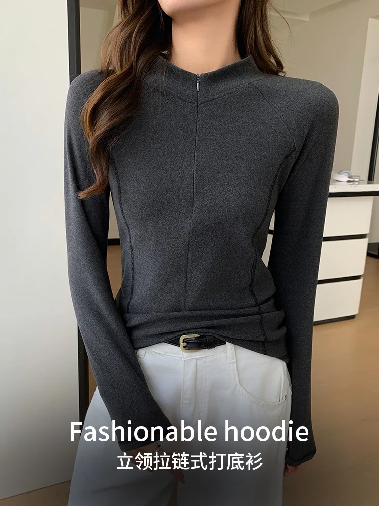 T shirt women 2026 fashion stand-up collar zipper base T-shirt new autumn spring warm slim base top tshirt women's clothing