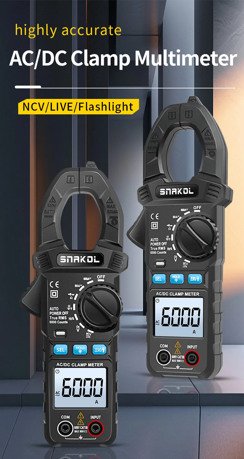 SNAKOL AC DC Stromzangenmessgerät 600 A Digitales Amperemeter Zangen True RMS Multimeter Professionelles elektrisches Multitester-Werkzeug – Detail 1