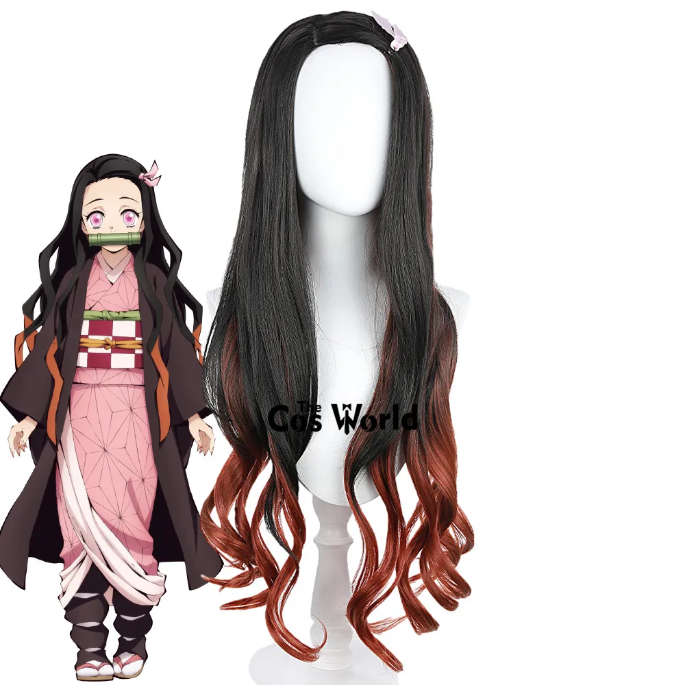 

Kamado Nezuko 95cm Long Wavy Anime Cosplay Wigs Fiber Heat Resistant Synthetic Hair + Wig Cap