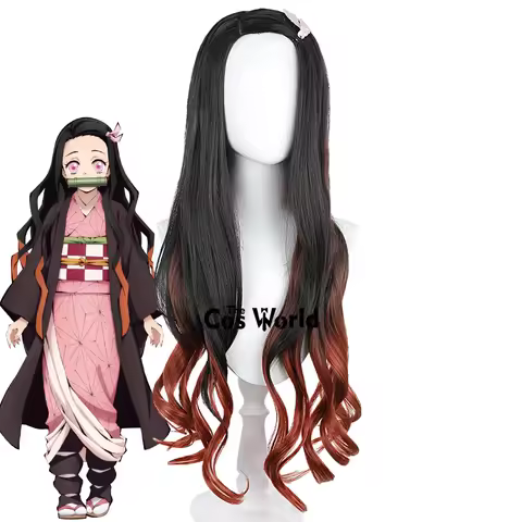 Kamado Nezuko 95cm Long Wavy Anime Cosplay Wigs Fiber Heat Resistant Synthetic Hair + Wig Cap