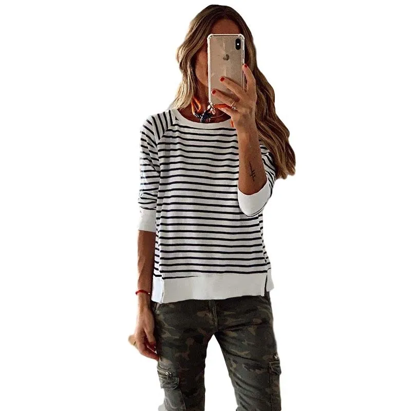 25 Years Autumn Winter New Striped Print Loose Comfortable Long Sleeve T-Shirt 9013