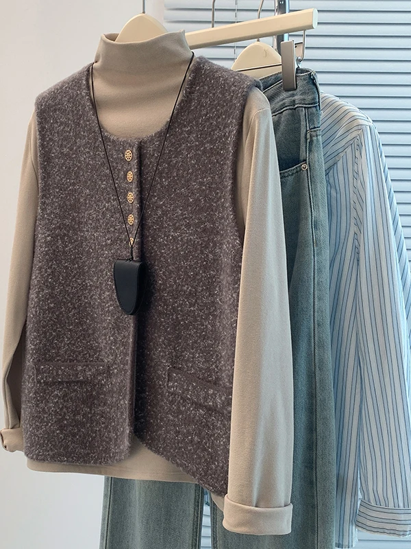 

Women's Knitted Open Cardigan Vest Loose Layering Svel Outerwear oulder Pad round Ne Commute Sle Color