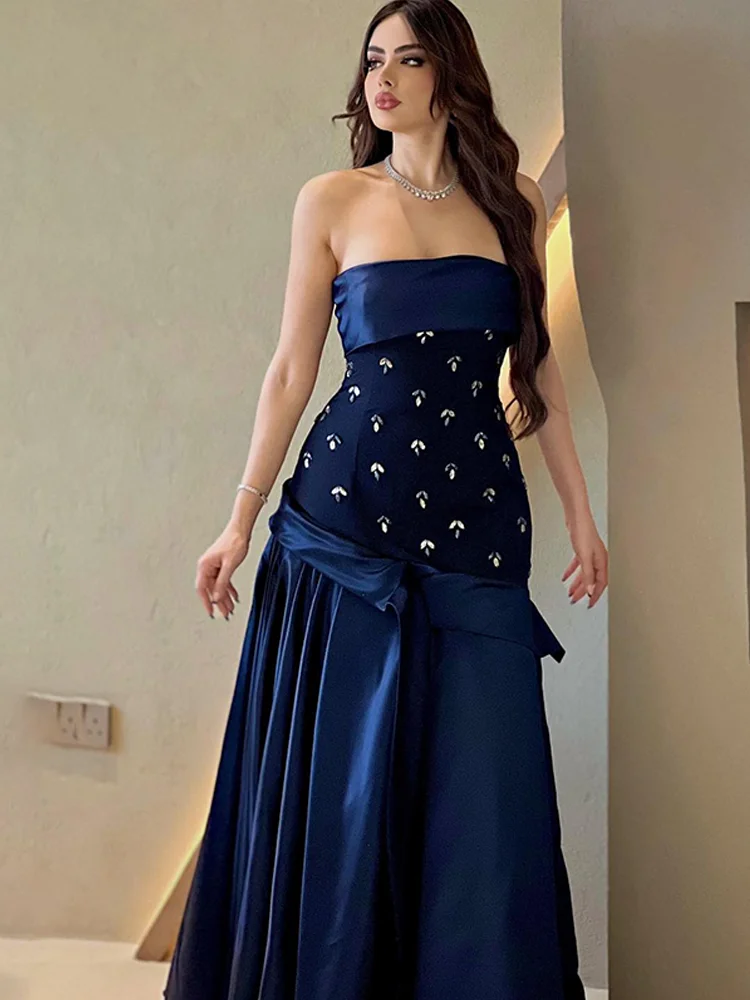 Jirocum Elegant Navy Blue Prom Dress Women\'s Crystal Strapless Party Evening Gowns Floor Length Formal Occasion Gown customized