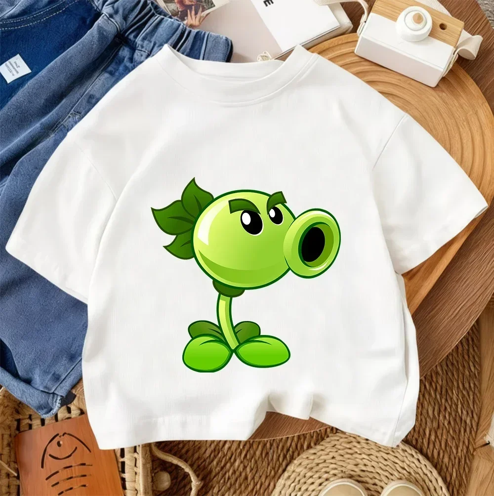 Summer Crew Neck T Shirt For Boys Girls Casual Daily Wear Plants Vs Zombies Cute Kawaii Cartoon Fashion Street Style 3-14Y